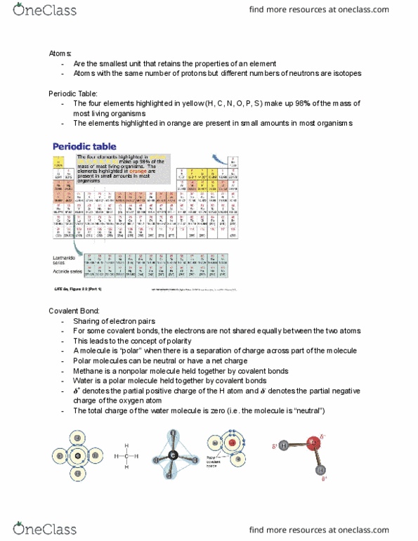 BIOL 121 Lecture Notes - Chemical Polarity, Covalent Bond, Hydrophile thumbnail