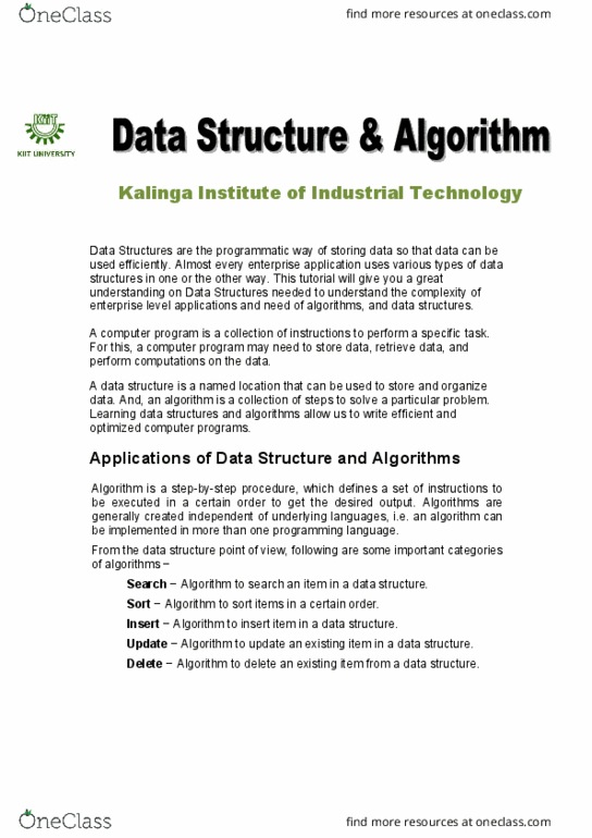 CS 220: DATA STRUCTURES AND ALGORITHMS. Lecture 1: Data Structure and Algorithms -Lecture Notes thumbnail