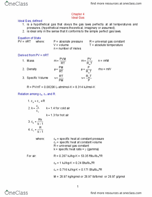 SCI-M 216 THERMODYNAMICS LECTURE Chapter Notes -Gas Constant, Heat Capacity Ratio, Perfect Gas thumbnail