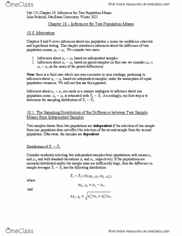 STAT-151 Lecture Notes - Macewan University, Sylvia Fedoruk, Sampling Distribution thumbnail