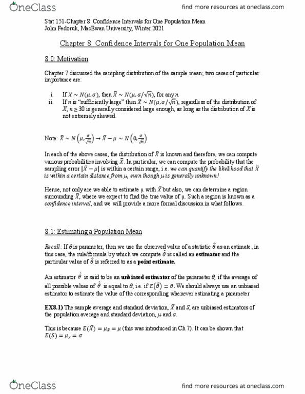 STAT-151 Lecture Notes - Bias Of An Estimator, Macewan University, Confidence Interval thumbnail