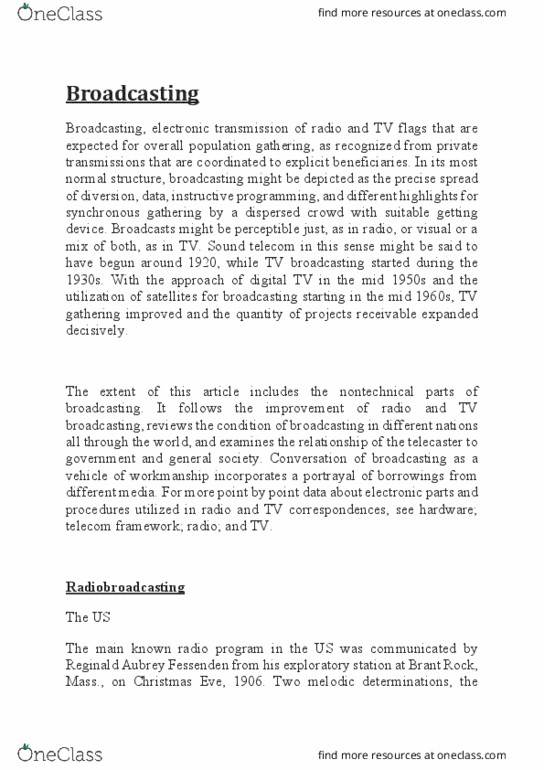 MC9902C02 Lecture Notes - Reginald Fessenden, Syncom, 405-Line Television System thumbnail