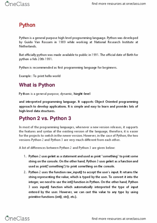PYTHON12 Lecture Notes - Lecture 1: Procedural Programming, Tab Key, C Sharp (Programming Language) thumbnail