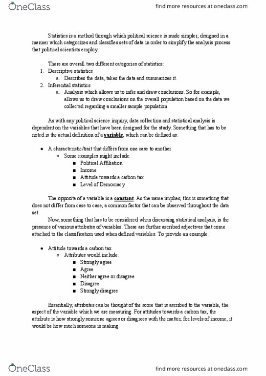 POLSCI 3NN3 Lecture Notes - Statistical Inference, Descriptive Statistics, Level Of Measurement thumbnail