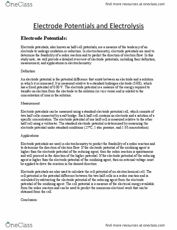ELECTRO CHEMISTRY Lecture Notes - Lecture 3: Standard Electrode Potential, Standard Hydrogen Electrode, Electrochemistry thumbnail