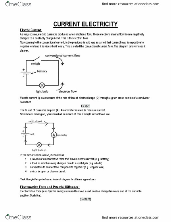 PHYSICS Lecture Notes - Lecture 5: Electric Current, Electromotive Force, Circuit Diagram thumbnail