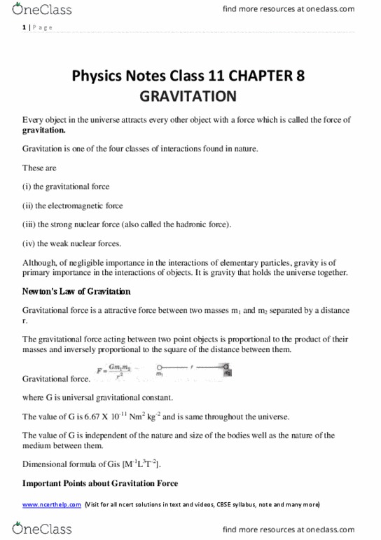Lecture : Physics Notes Class 11 CHAPTER 8 GRAVITATION thumbnail