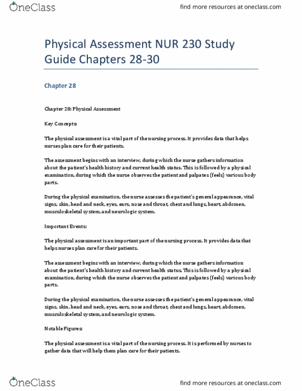 NURS 1020 Study Guide - Spring 2023, quiz - Nursing Process, Palpation ...