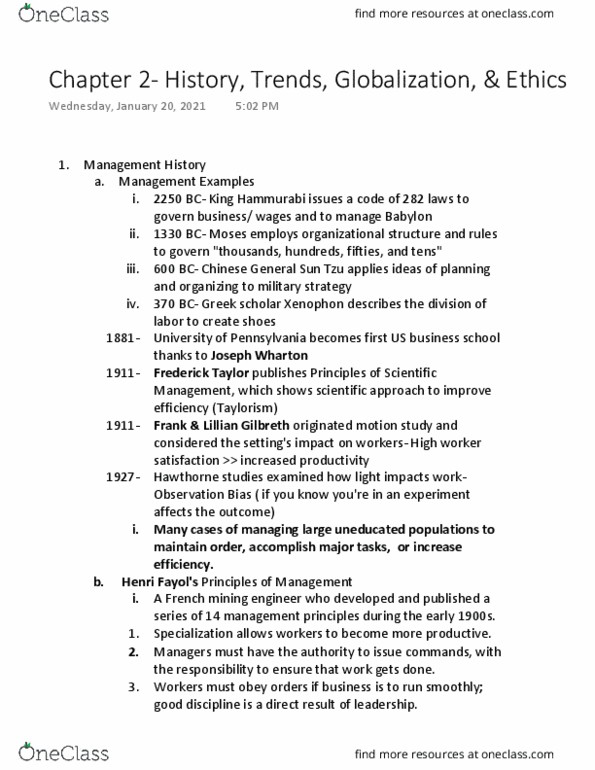 MNGT 3100 Lecture Notes - Lillian Moller Gilbreth, Hawthorne Effect, Time And Motion Study thumbnail