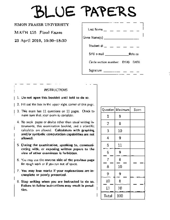 MATH 155 Final: MATH155_Final_key_1101 - OneClass