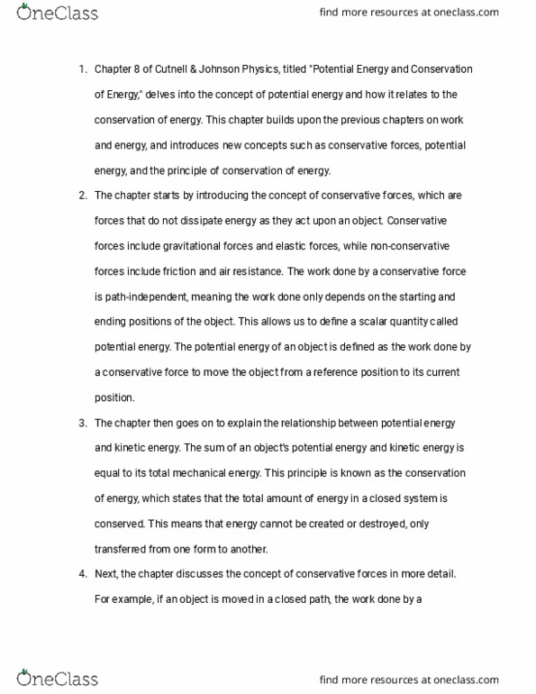 PHYS 1511 Chapter Notes - Chapter 8: Conservative Force, Elastic Energy, Electric Potential Energy thumbnail