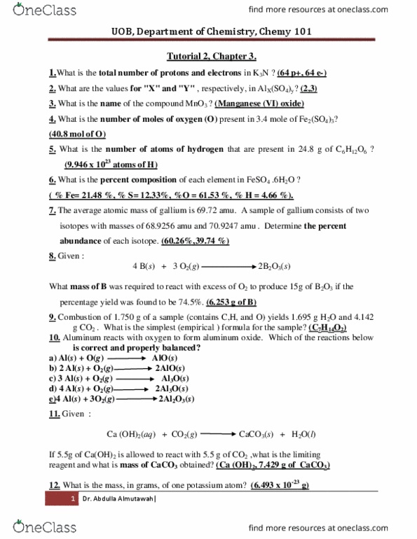 CHE 31 Lecture Notes - Aluminium Oxide, Unified Atomic Mass Unit, Reagent thumbnail