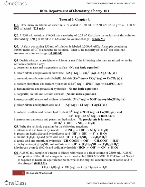 CHE 31 Lecture Notes - Cobalt(Ii) Chloride, Barium Hydroxide, Barium Nitrate thumbnail