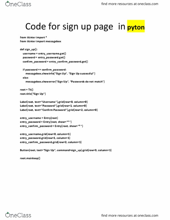 : Code for sign up page in pyton - OneClass