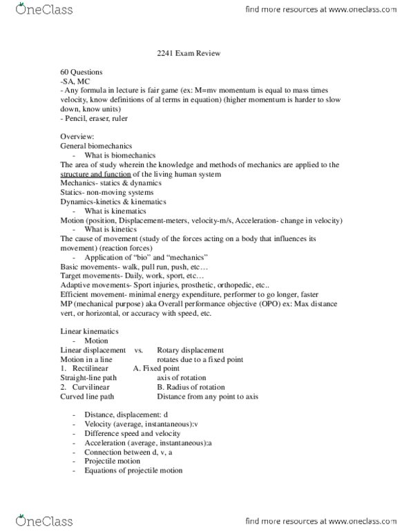 Kinesiology 2241A/B Study Guide - Fall 2013, Final - List Of ...