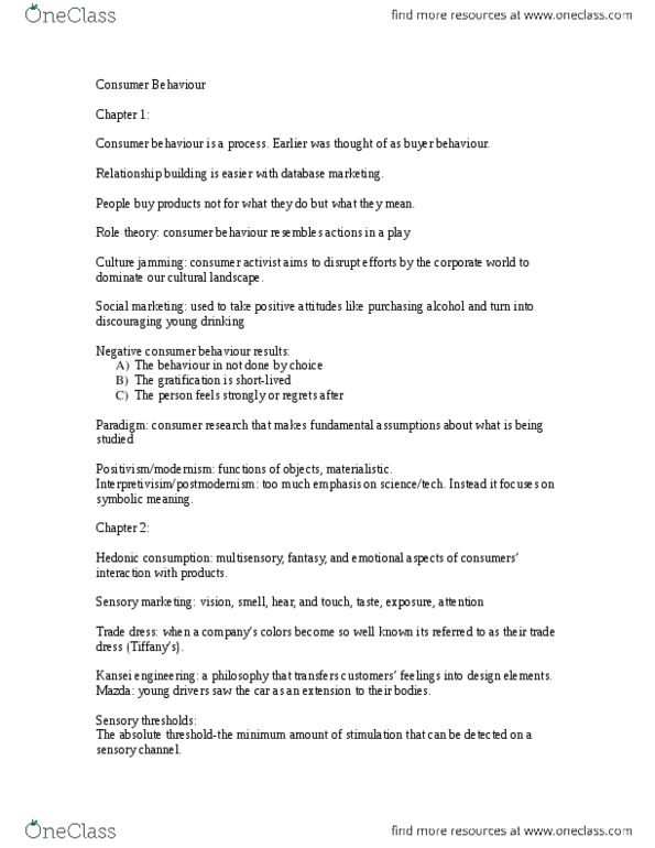 ADM 3321 Study Guide - Winter 2013, Midterm - Consumer Behaviour, Trade ...