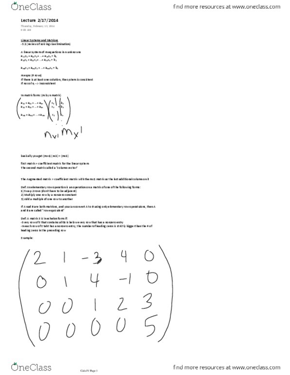 MATH 2574H Lecture Notes - Elementary Matrix, Row Echelon Form thumbnail