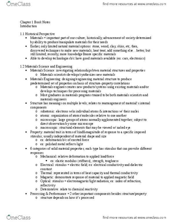 MATS 3011 Chapter Notes - Chapter 1: Materials Science, Elastic Modulus, Heat Treating thumbnail