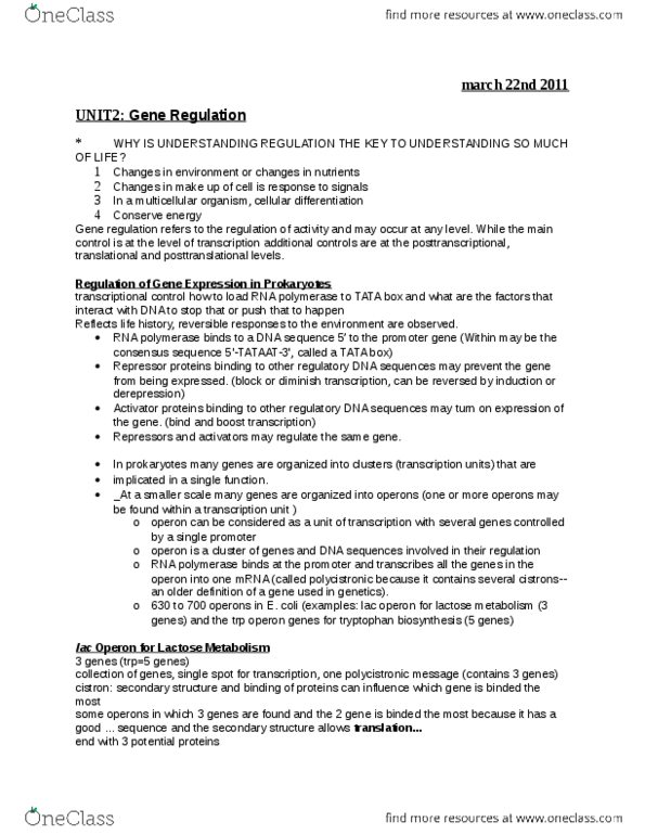 BIO 1140 Lecture Notes - Regulatory Sequence, Tata Box, Operon thumbnail