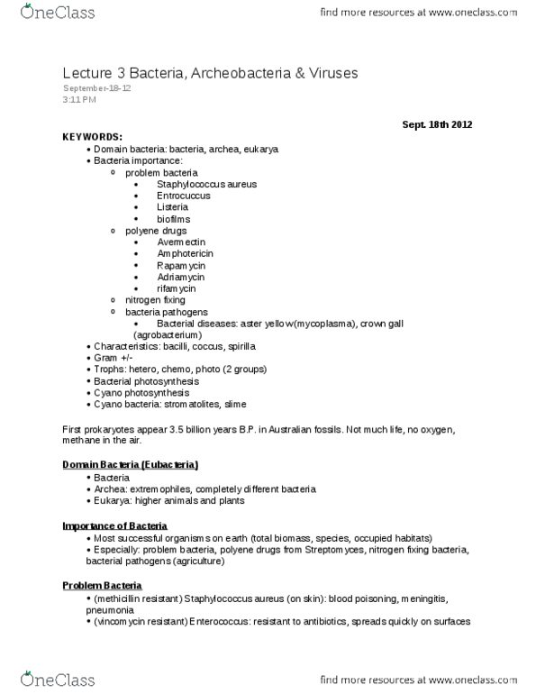 BIO 2137 Lecture Notes - Lecture 3: Enterococcus, Mycoplasma, Archaea thumbnail