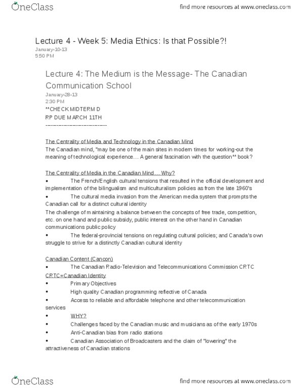 CMN 1160 Lecture Notes - Lecture 4: Culture Of Canada, Music Of Canada, Canadian Content thumbnail