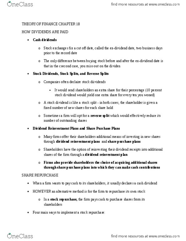 ECON 2560 Chapter Notes - Chapter 18: Share Repurchase, Dividend, Stock Split thumbnail