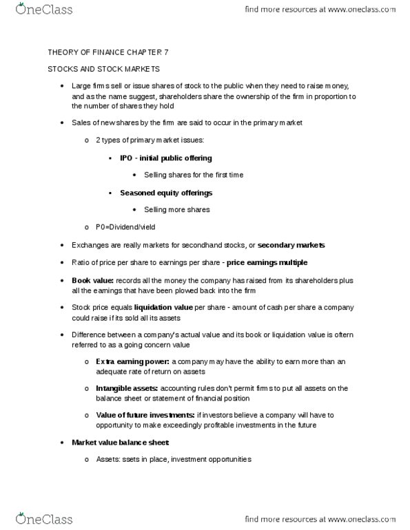 ECON 2560 Chapter Notes - Chapter 7: Initial Public Offering, Net Income, Dividend Discount Model thumbnail