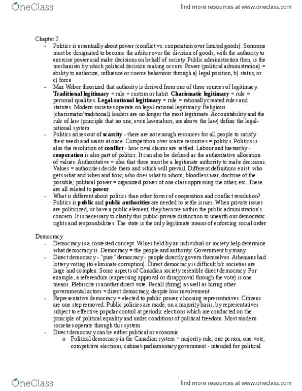 Political Science 2246E Chapter Notes - Chapter 2: Public Administration, Representative Democracy, Direct Democracy thumbnail