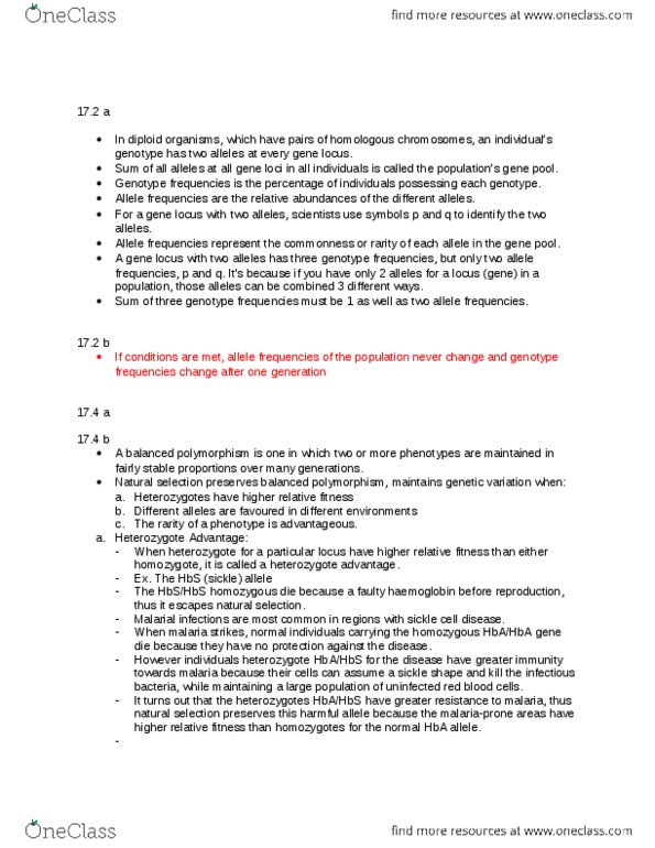 BIOL 1500 Lecture Notes - Allele Frequency, Genotype Frequency, Heterozygote Advantage thumbnail