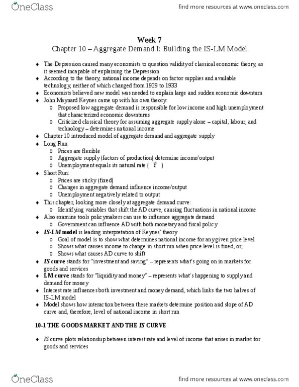 ECON 2000 Chapter Notes - Chapter 10: Keynesian Cross, Aggregate Demand, Aggregate Supply thumbnail