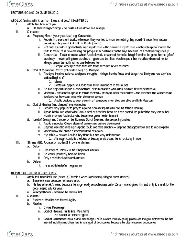 CLAS104 Lecture Notes - Lecture 6: Petasos, Cronus, Laius thumbnail