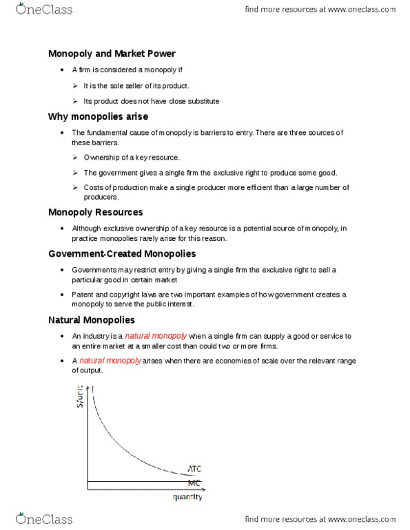 ECON101 Lecture Notes - Natural Monopoly, Market Power, Monopoly Price thumbnail