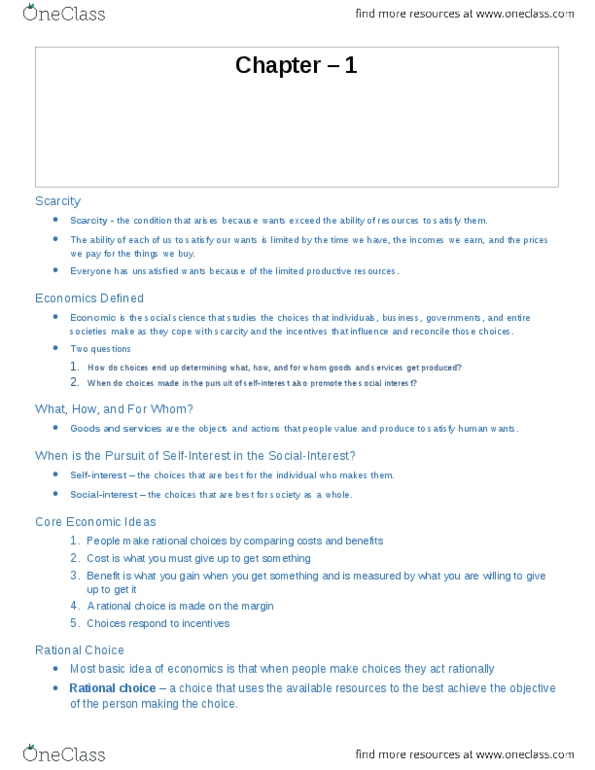 ECON 201 Chapter Notes - Chapter 1: Opportunity Cost, Capital Good, Marginal Cost thumbnail