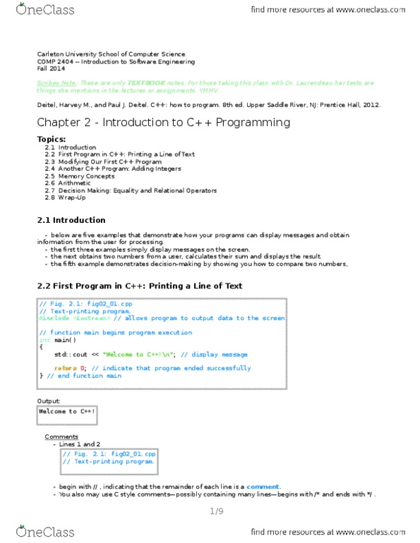 COMP 2404 Chapter Notes - Chapter 2: Escape Sequence, Escape Character, Carriage Return thumbnail