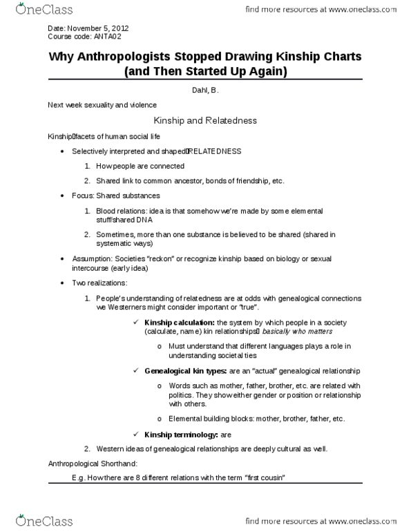 ANTA02H3 Lecture Notes - Consanguinity, Fictive Kinship, Patrilineality thumbnail