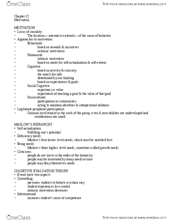 TAL 103 Chapter Notes - Chapter 12: Mastery Learning, Motivation, Walkover thumbnail