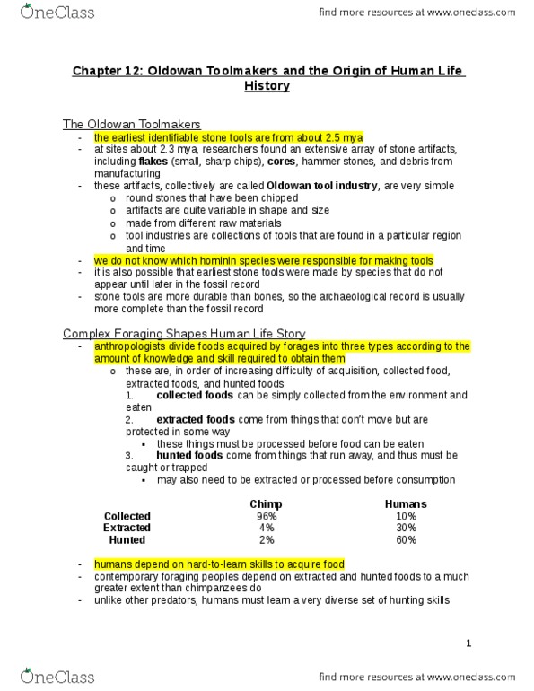 BIOLOGY 1M03 Chapter Notes - Chapter 12: Olduvai Gorge, Termite, Taphonomy thumbnail