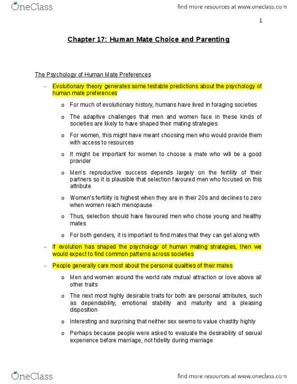 BIOLOGY 1M03 Chapter 17: Chapter 17 - Human Mate Choice and Parenting.docx thumbnail