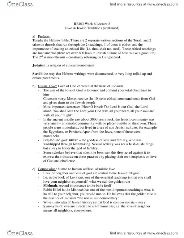 RE103 Lecture Notes - Lecture 6: Ethical Monotheism, Mishnah, Book Of Leviticus thumbnail