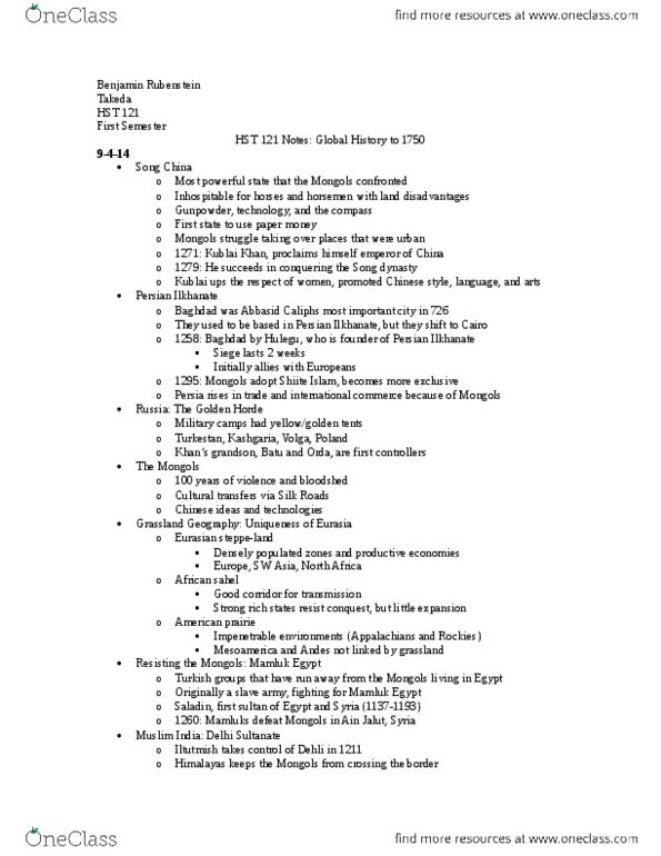 HST 121 Lecture Notes - Shia Islam, Hulagu Khan, Ilkhanate thumbnail