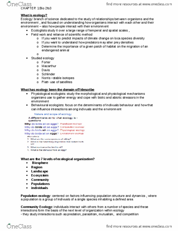 BIOLOGY 2F03 Chapter Notes - Chapter 1: Photosynthesis, Primary Production, Robert Macarthur thumbnail