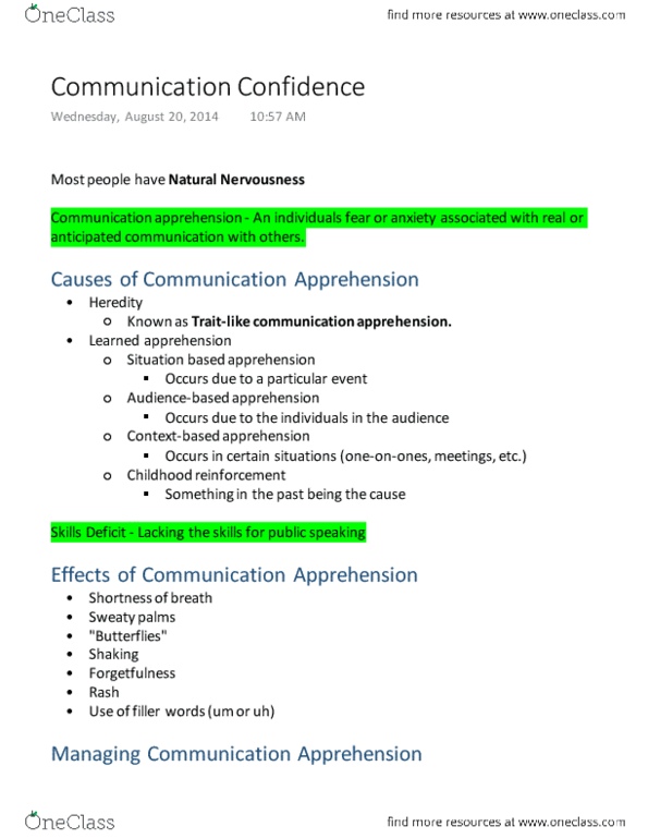 COM 110 Chapter Notes -Communication Apprehension, Cognitive Restructuring, Systematic Desensitization thumbnail