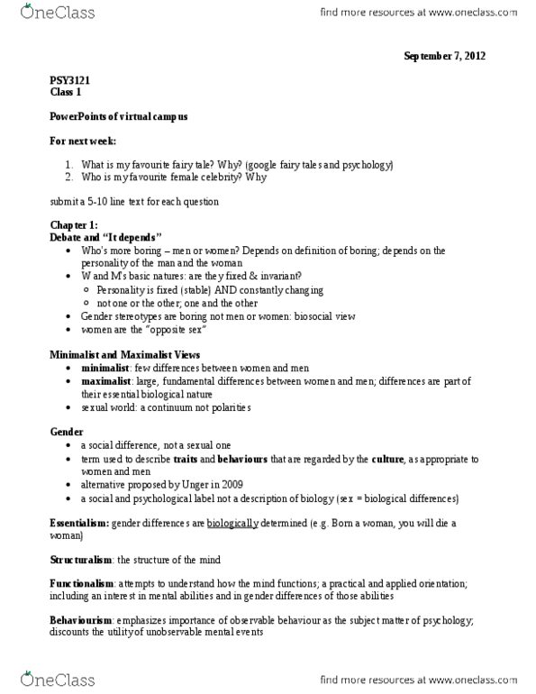 PSY 3121 Lecture Notes - Chromosome, Exclusive Or, Mental Rotation thumbnail