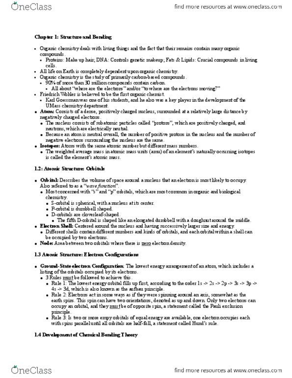 CHEM 261 Chapter Notes - Chapter 1: Linus Pauling, Headon, Methanethiol thumbnail