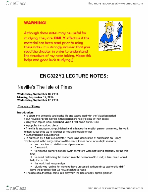 ENG322Y1 Lecture : ENG322Y1 - Lecture Notes - Henry Neville - Isle of Pines.docx thumbnail