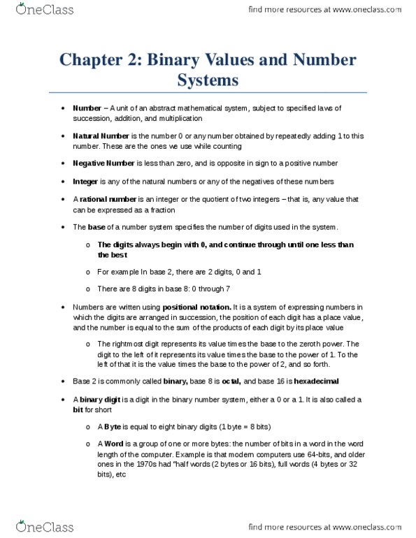 ITM 207 Chapter Notes - Chapter 2: Binary Number, Positional Notation, Rational Number thumbnail