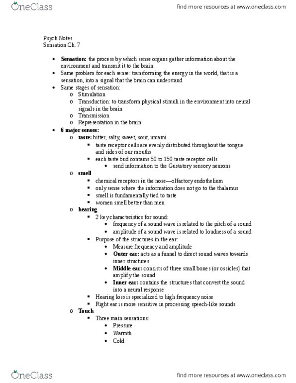 PSYC 1010 Lecture Notes - Phantom Limb, Middle Ear, Mechanistic Organic Photochemistry thumbnail