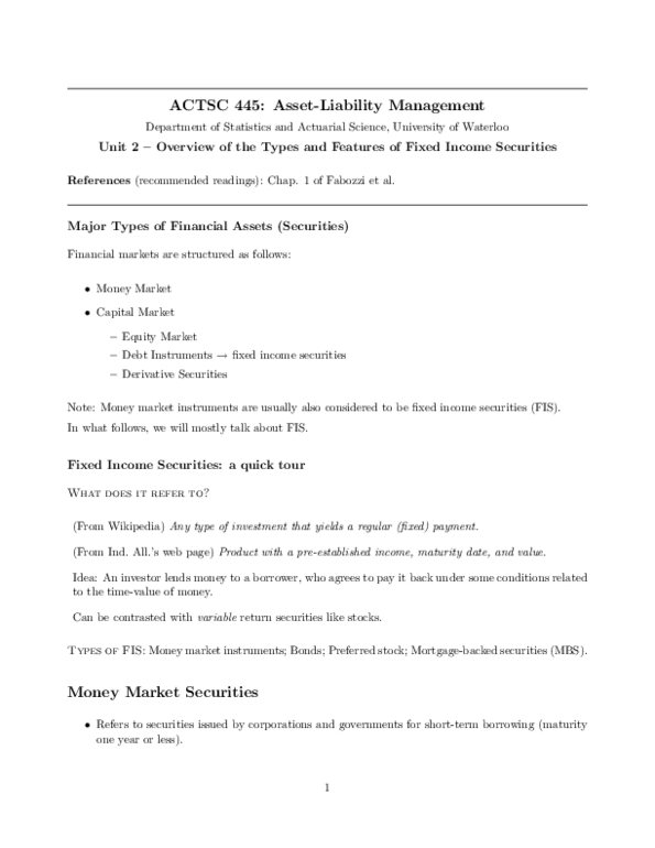 ACTSC445 Lecture Notes - United States Treasury Security, Unsecured Debt, Money Market thumbnail