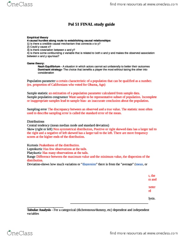 Pol 51 Study Guide Winter 11 Final Statistical Parameter Central Tendency Game Theory