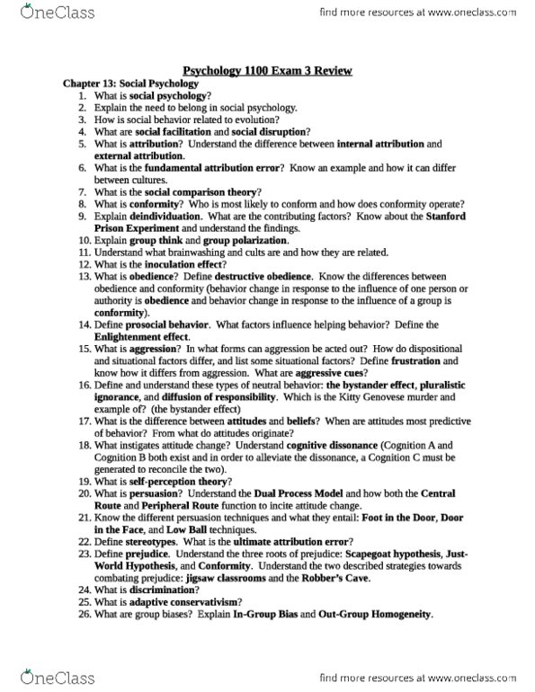 PSYCH 1100 Study Guide - Fall 2013, Midterm - Exposure Therapy ...